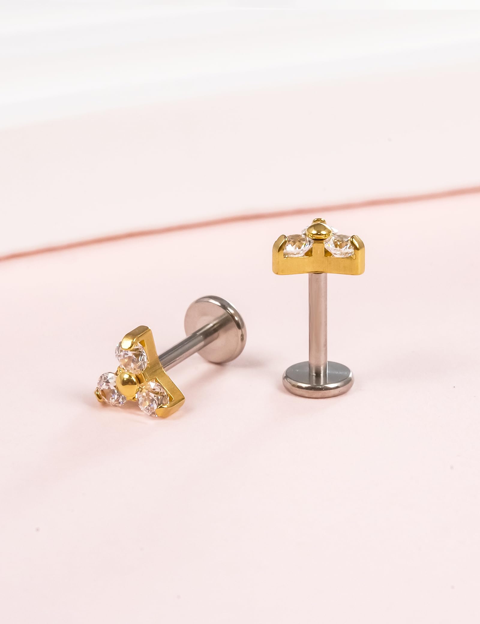 Limerencia G23 Hypoallergenic 18g Flat Back Stud Earrings | F136 Implant Grade Titanium Press Fit Threadless Push Pop in Cartilage Helix Labret Lip Monroe Tragus Piercing Studs (Trinity CZ Gold)