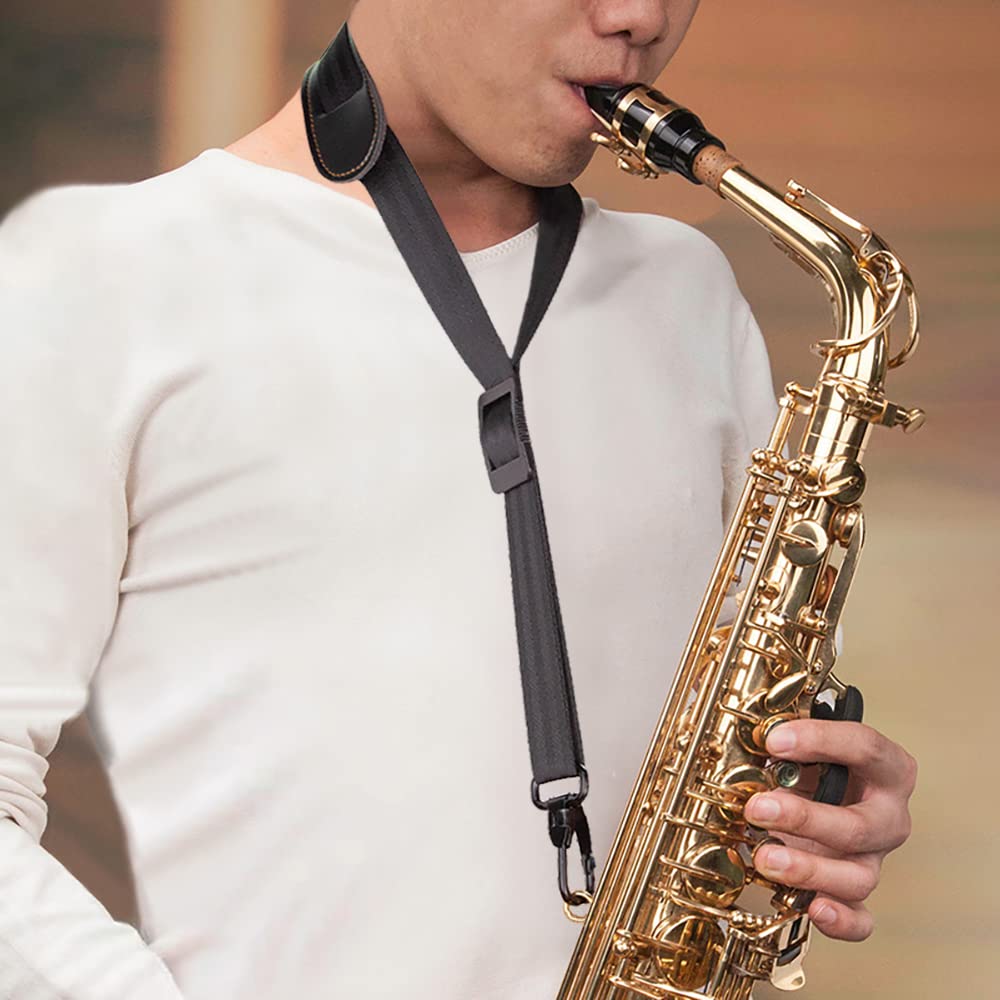 e-Times Saxophone Neck Strap, Soft Adjustable Sax Leather Neck Padded for Alto Tenor Soprano Baritone Sax, Clarinet