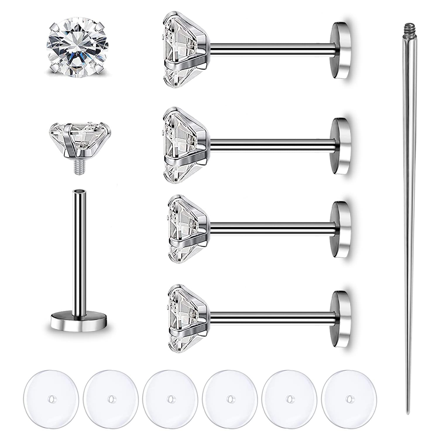 BodyAce 16G 18G Lip Studs Labret Ring, Nostril Stud Nose Rings for Women, Stainless Steel Medusa Helix Tragus Piercing Jewelry with Piercing Taper & Discs [1.0mm=18G,4/5/6mm CZ;L:10mm]