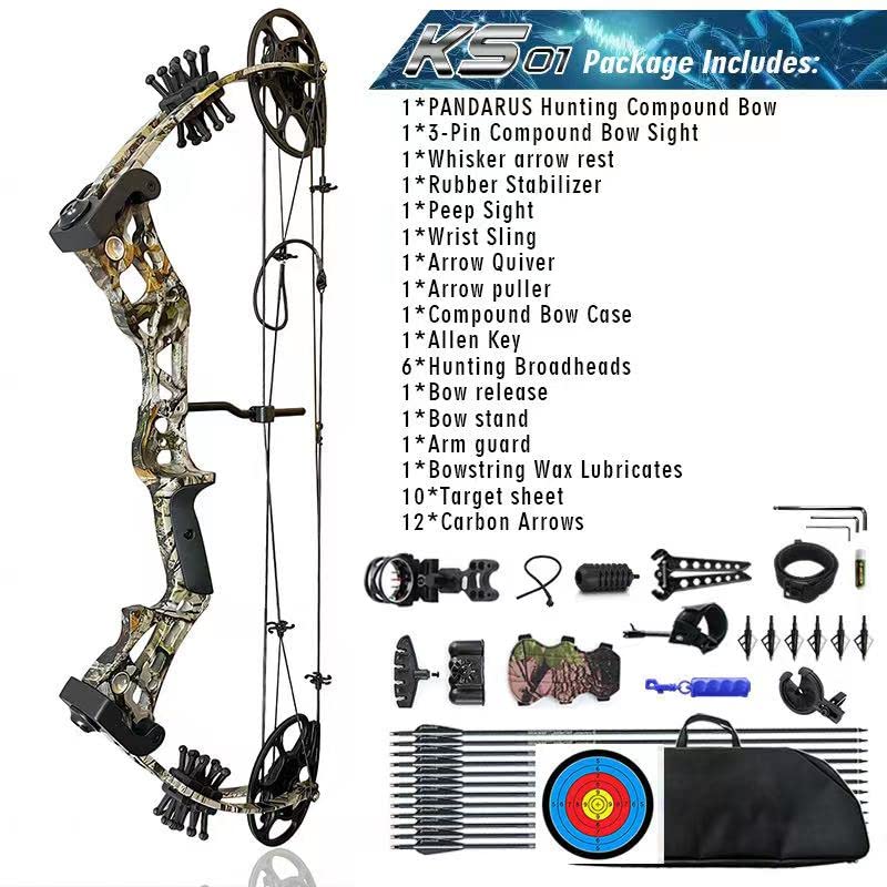 PANDARUS Compound Bow Set 15-45lbs for Pull Beginner and Teens Right Handed Adjustable 18"-29" Draw Length, 320 FPS Speed, Hunting Bow Archery Set New 2024(Camo Right Handed Bag Pro)