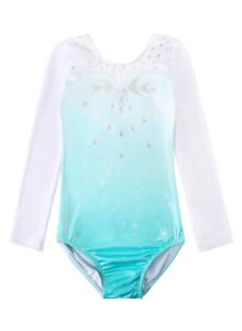 hoziy girls leotards for gymnastics long sleeve size 6-7 year old aqua blue tumbling outfits embroidered snowflake kids leo clothing apparel sparkly unitards leotardos para gimnasia ninas