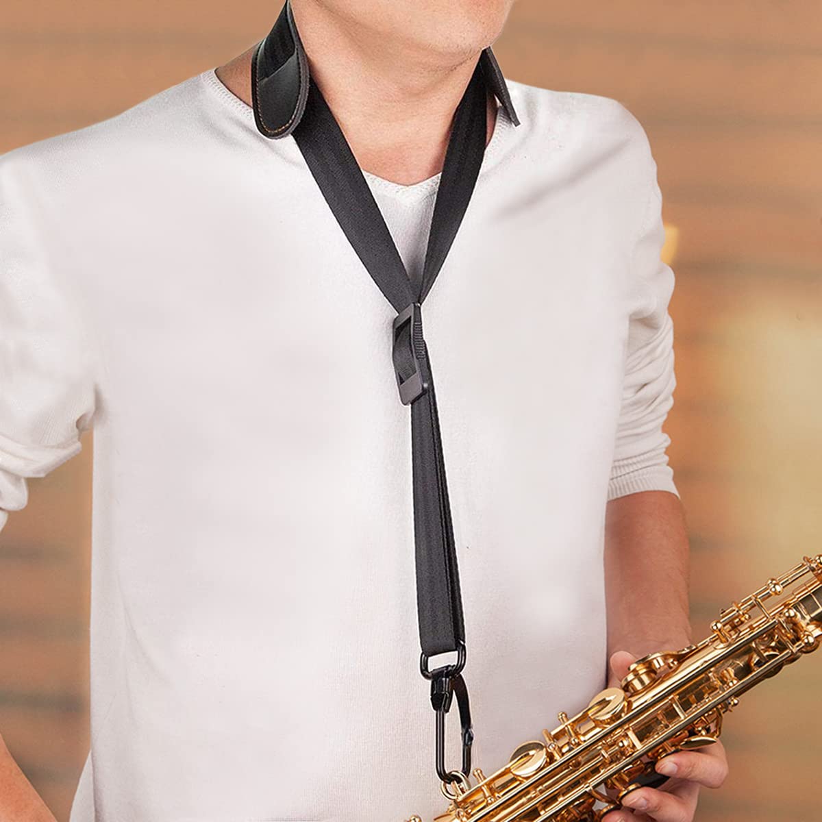 e-Times Saxophone Neck Strap, Soft Adjustable Sax Leather Neck Padded for Alto Tenor Soprano Baritone Sax, Clarinet