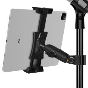 peastrex ipad holder for mic stand, tablet phone holder micophone music stand mount adjustable rotatabe with super handle clamp for ipad pro 12.9 air mini, android, 4 to 13.5inch iphones and tablets