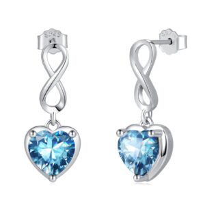 March Aquamarine Birthstone Infinity Stud Earrings - Shysnow 925 Sterling Silver Heart Shaped Cubic Zirconia Dangle Studs Infinite Symbol Birth Gem Stone Jewelry for Women