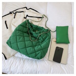 Women's Puffer Bag Quilted Shoulder Bag Nylon Tote bag Puffy Handbag Chain Straps with Coin Purse 2 in 1 Green