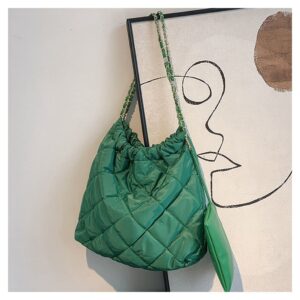 Women's Puffer Bag Quilted Shoulder Bag Nylon Tote bag Puffy Handbag Chain Straps with Coin Purse 2 in 1 Green