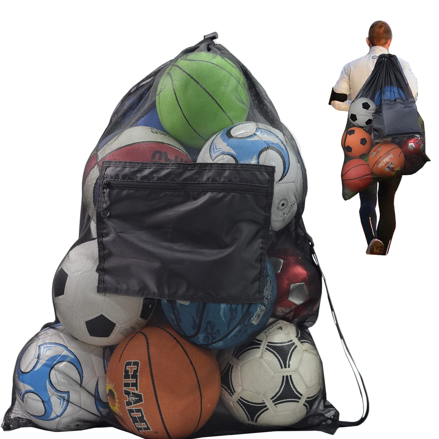 VVWAYSE Ball Storage Mesh Soccer Ball Bag Holder Heavy Duty Drawstring Bags Team Work for Basketball, Volleyball, Baseball, Swimming Gear With Shoulder Strap, Large Mesh Bags With Zipper