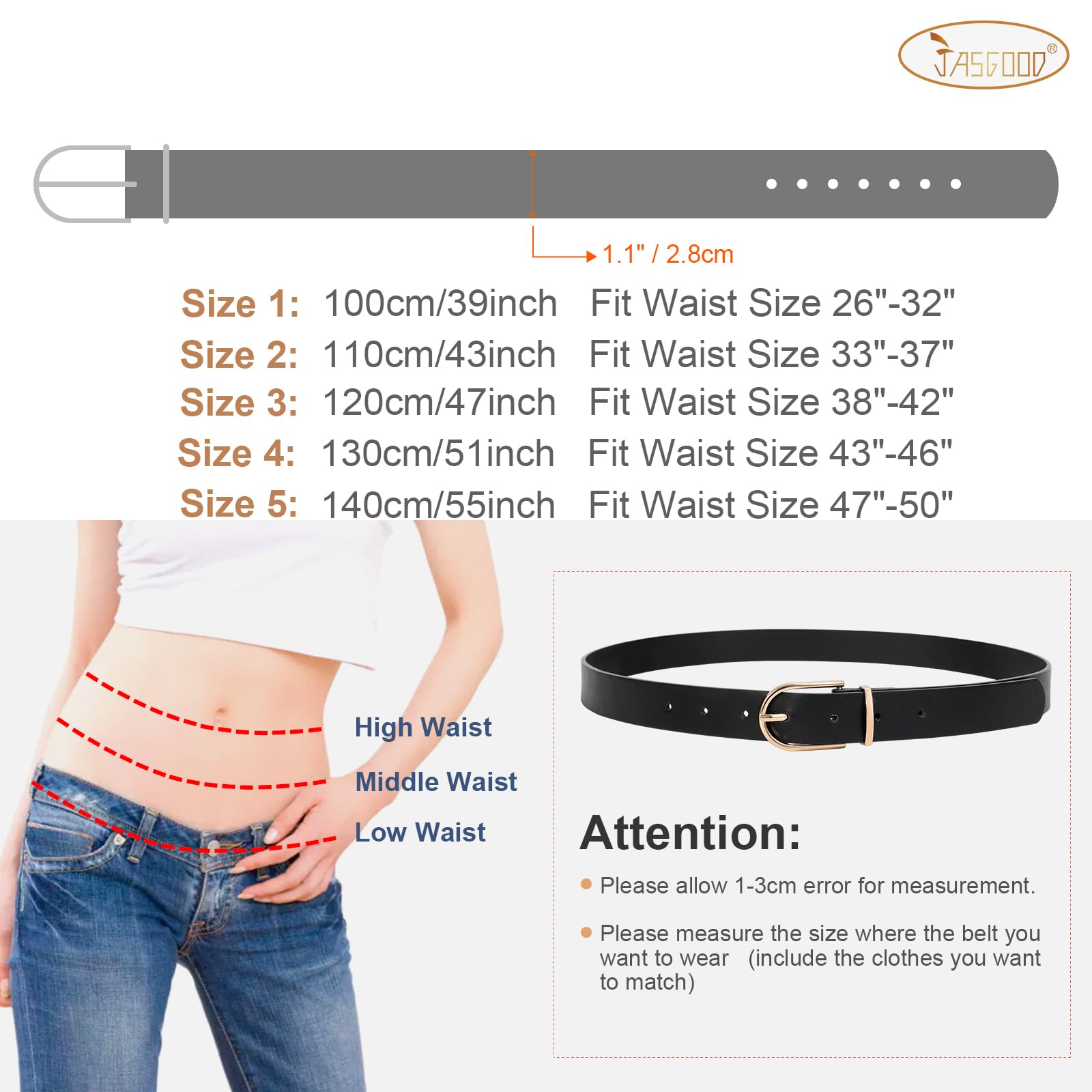 JASGOOD 3 Pack Women’s Leather Belts for Jeans Pants Fashion Ladies Belt with Gold Buckle A-Black+Brown+Beige，Fit Waist Size 25"-31"