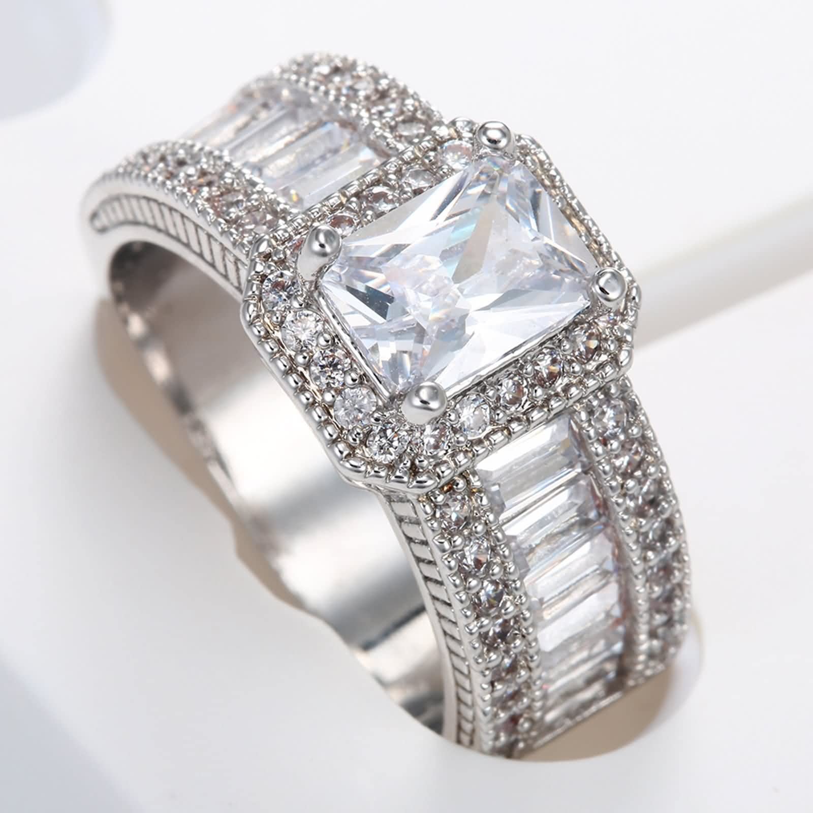 Unique Silver Ring, Cubic Zirconia Wedding Rings Elegant 4 Prong Rectangular Size 7 Jewelry for Women