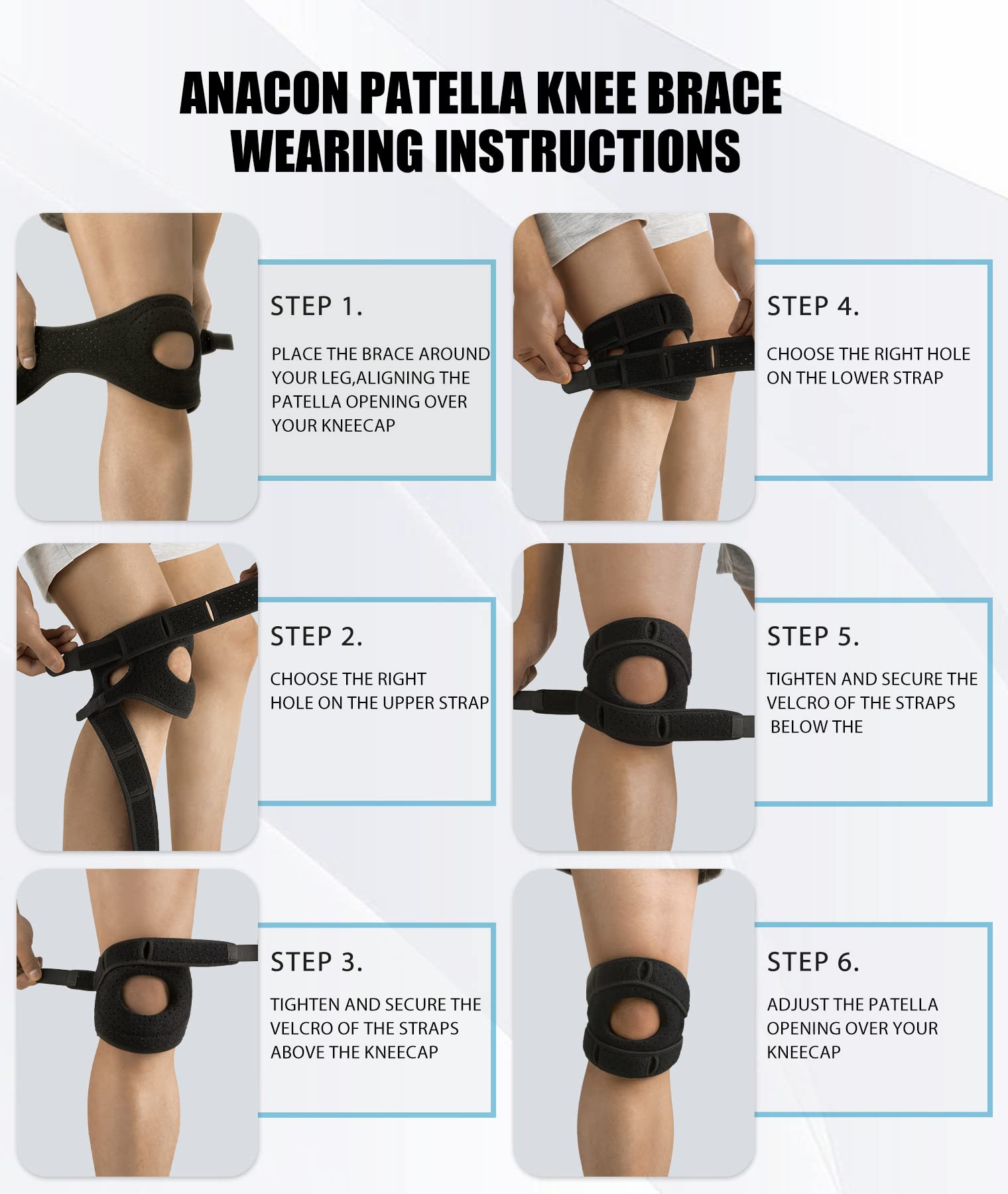 ANACON Dual Patella Knee Straps, Knee Brace Patella Stabilizer for Knee Pain Relief, Running, Tennis, Jumping, Arthritis, Tendonitis, Injury Recovery, Joint and Muscles Protection, Adjustable (Black)