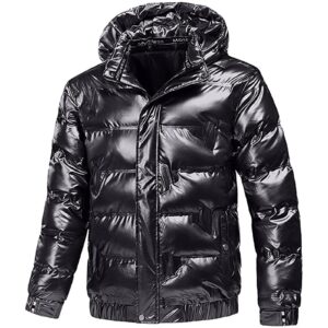 Homisy Puffer Jacket Men Winter Lightweght Reflective Shiny Hooded Down Insulated Packable Puffer Coat Warm Bomber Jacket