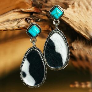 Cow Print Earring Faux Leather Teardrop Earring Turquoise Dangle Earrings Fashion presents for Women Western Cow Cowboy Boho Jewelry-Teardrop