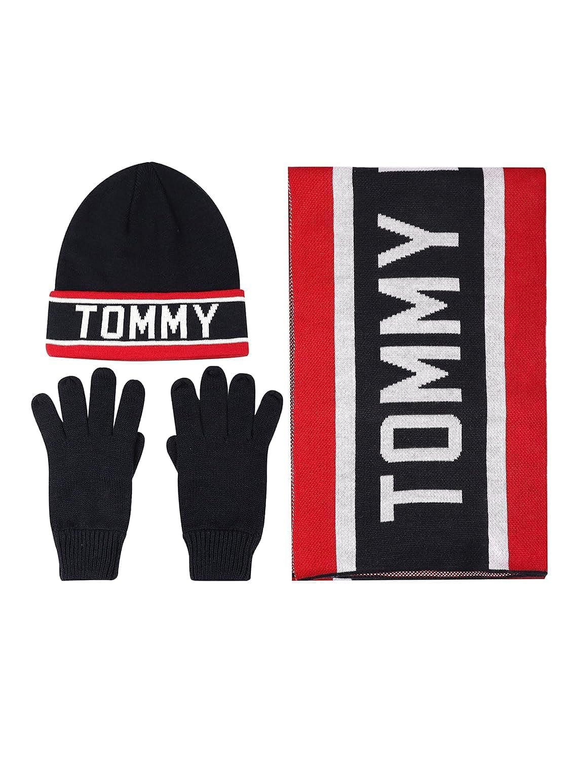 Tommy Hilfiger Men's Varsity TH Stripe Hat Glove and Scarf Set, Desert Sky, One Size