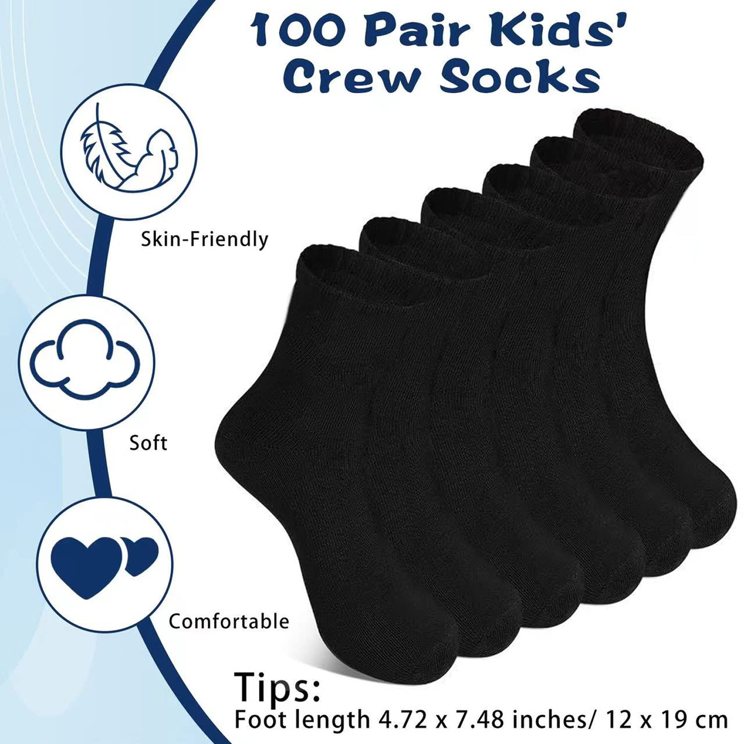 Hanaive Bulk 100 Pair Kids Black Crew Socks Unisex Stretch Cotton Socks Soft Comfortable Kids Dress Socks Basketball Soccer Training Socks for Toddlers Kids Youth Age 5-10