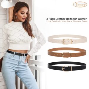 JASGOOD 3 Pack Women’s Leather Belts for Jeans Pants Fashion Ladies Belt with Gold Buckle A-Black+Brown+Beige，Fit Waist Size 33"-37"