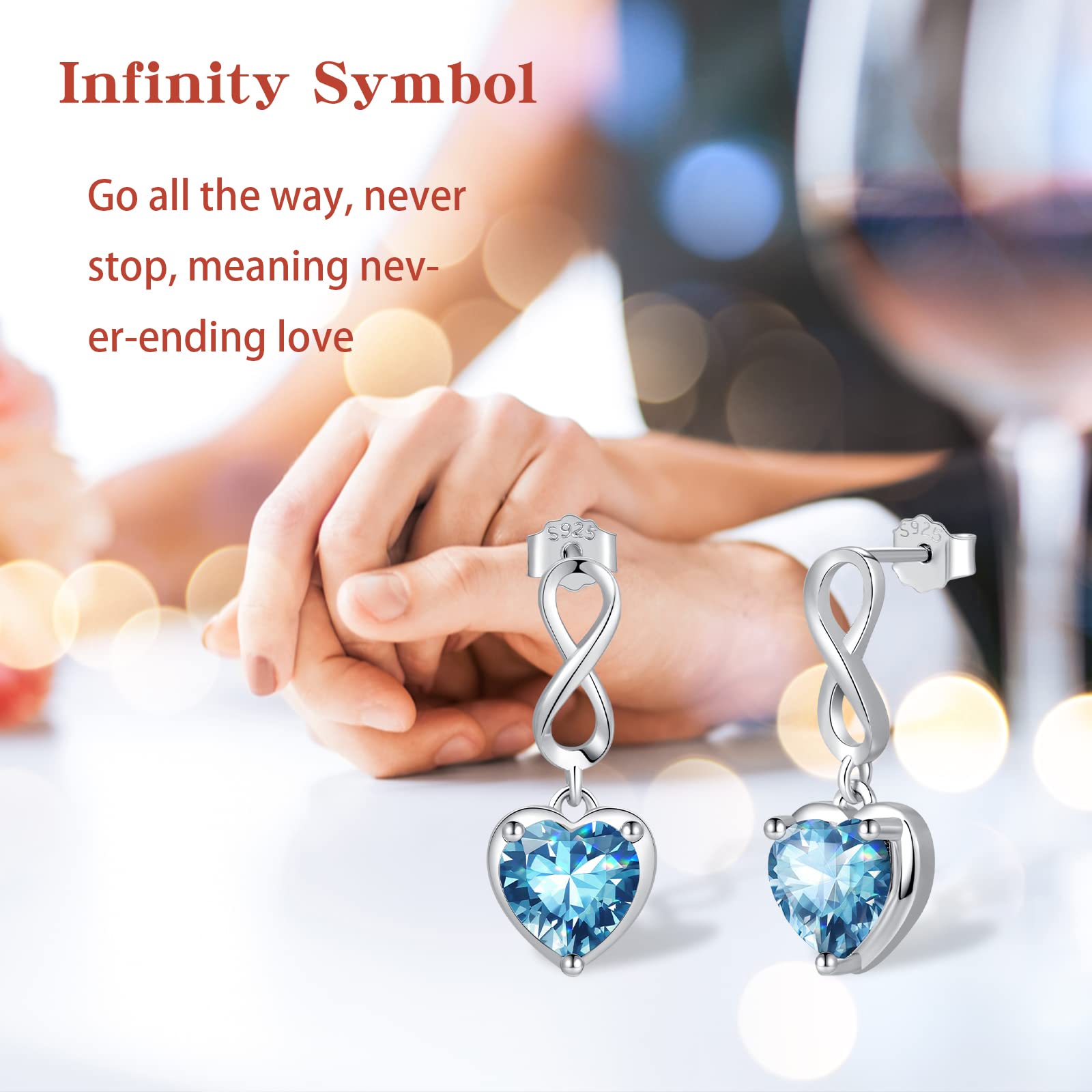 March Aquamarine Birthstone Infinity Stud Earrings - Shysnow 925 Sterling Silver Heart Shaped Cubic Zirconia Dangle Studs Infinite Symbol Birth Gem Stone Jewelry for Women