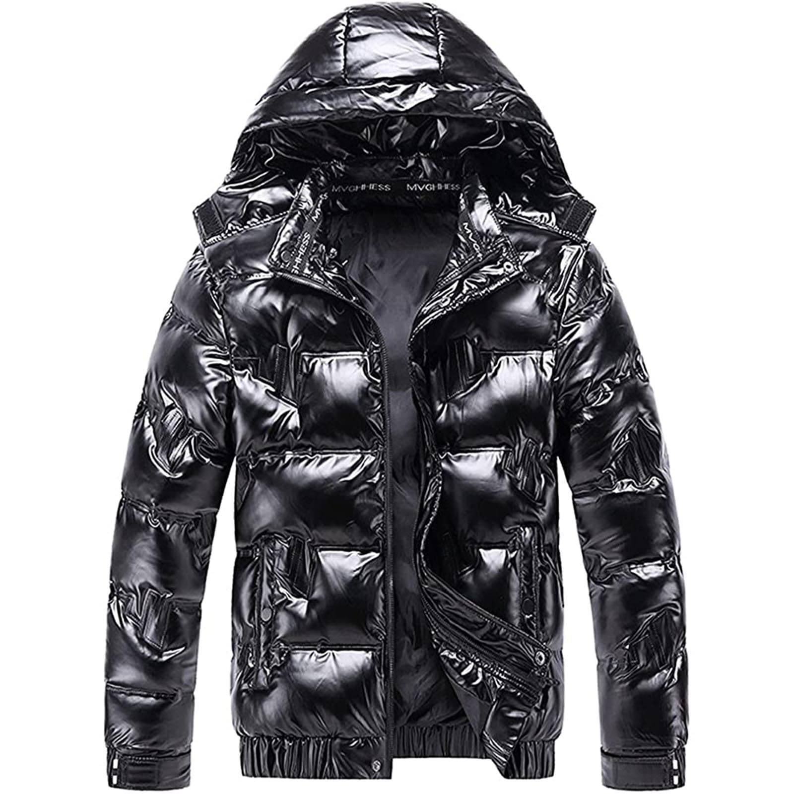 Homisy Puffer Jacket Men Winter Lightweght Reflective Shiny Hooded Down Insulated Packable Puffer Coat Warm Bomber Jacket