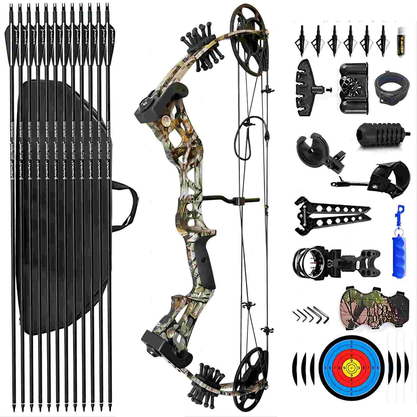 PANDARUS Compound Bow Set 15-45lbs for Pull Beginner and Teens Right Handed Adjustable 18"-29" Draw Length, 320 FPS Speed, Hunting Bow Archery Set New 2024(Camo Right Handed Bag Pro)