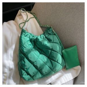 Women's Puffer Bag Quilted Shoulder Bag Nylon Tote bag Puffy Handbag Chain Straps with Coin Purse 2 in 1 Green