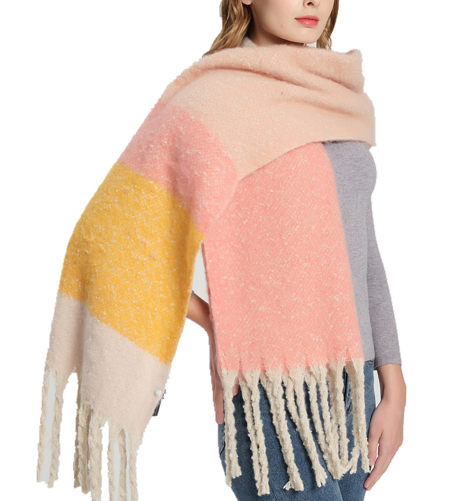 Wander Agio Winter Warm Scarf for Women Long Shawl Large Scarves Cold Weather Thick Blanket Scarfs Color Matching Yellow Pink 9