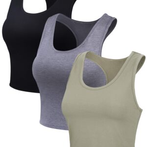 3 Pieces Crop Tops for Women, Workout Tops Basic Cropped Tank Tops Sleeveless Racerback Sports Gym Crop Tank for Teen Girls (Black, Dark Grey, Olive, XX-Large)