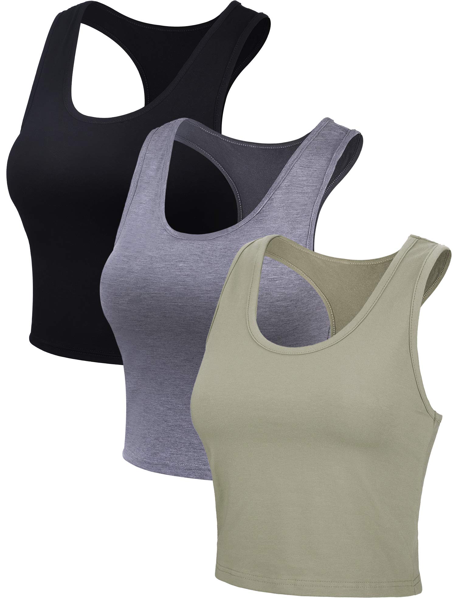 3 Pieces Crop Tops for Women, Workout Tops Basic Cropped Tank Tops Sleeveless Racerback Sports Gym Crop Tank for Teen Girls (Black, Dark Grey, Olive, XX-Large)