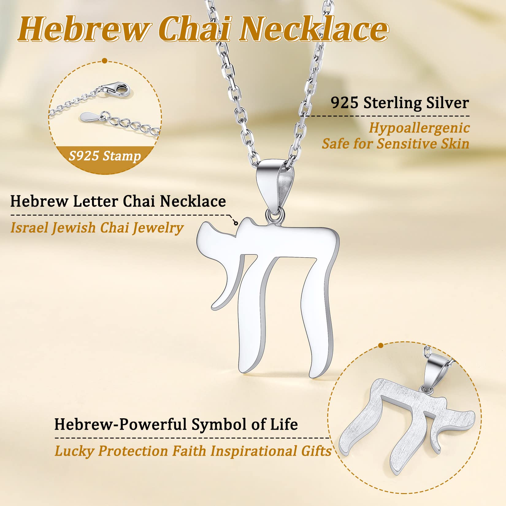 Supilght 925 Sterling Silver Hebrew Chai Necklace Jewish Life Chai Necklace Pendant for Women Men