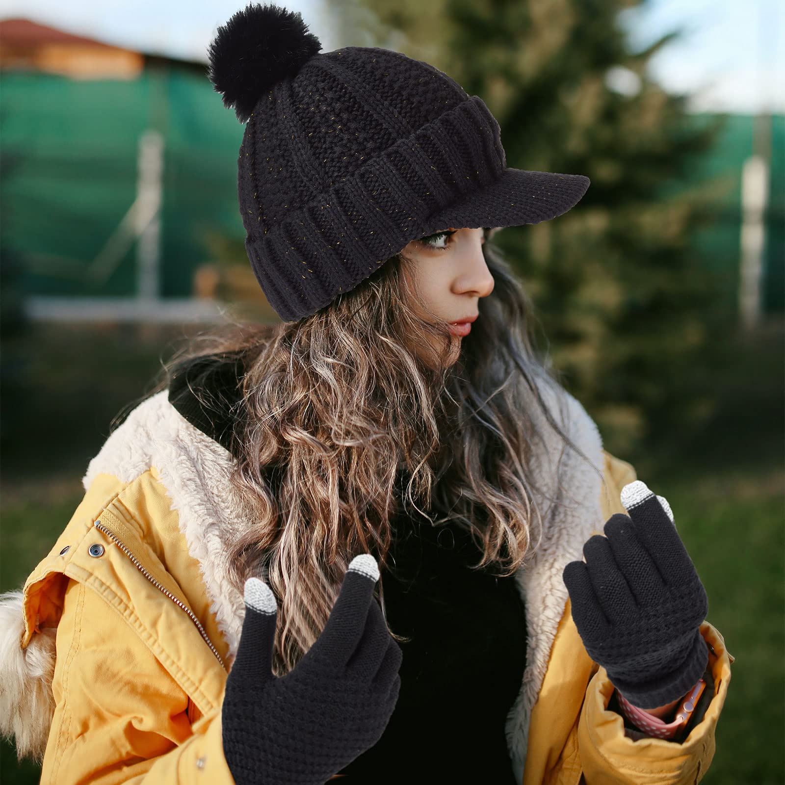 4 Sets Winter Hats and Gloves Set for Women Warm Knitted Beanie Hats with Brim Touchscreen Gloves Snow Ski Cap with Visor