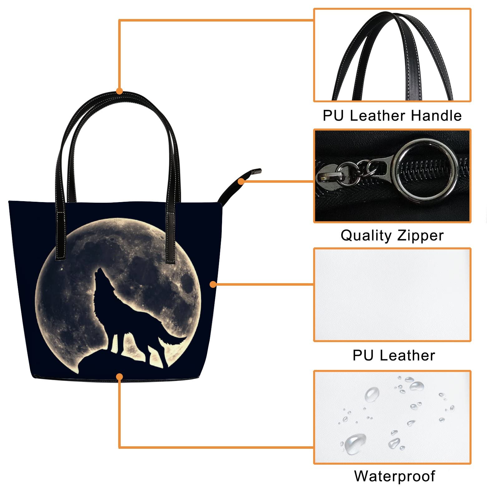 Tote Bag for Women Howling Wolf Moon Leather Handbags Women's Crossbody Handbags for Women Coach Handbags Tote Bag with Zipper.