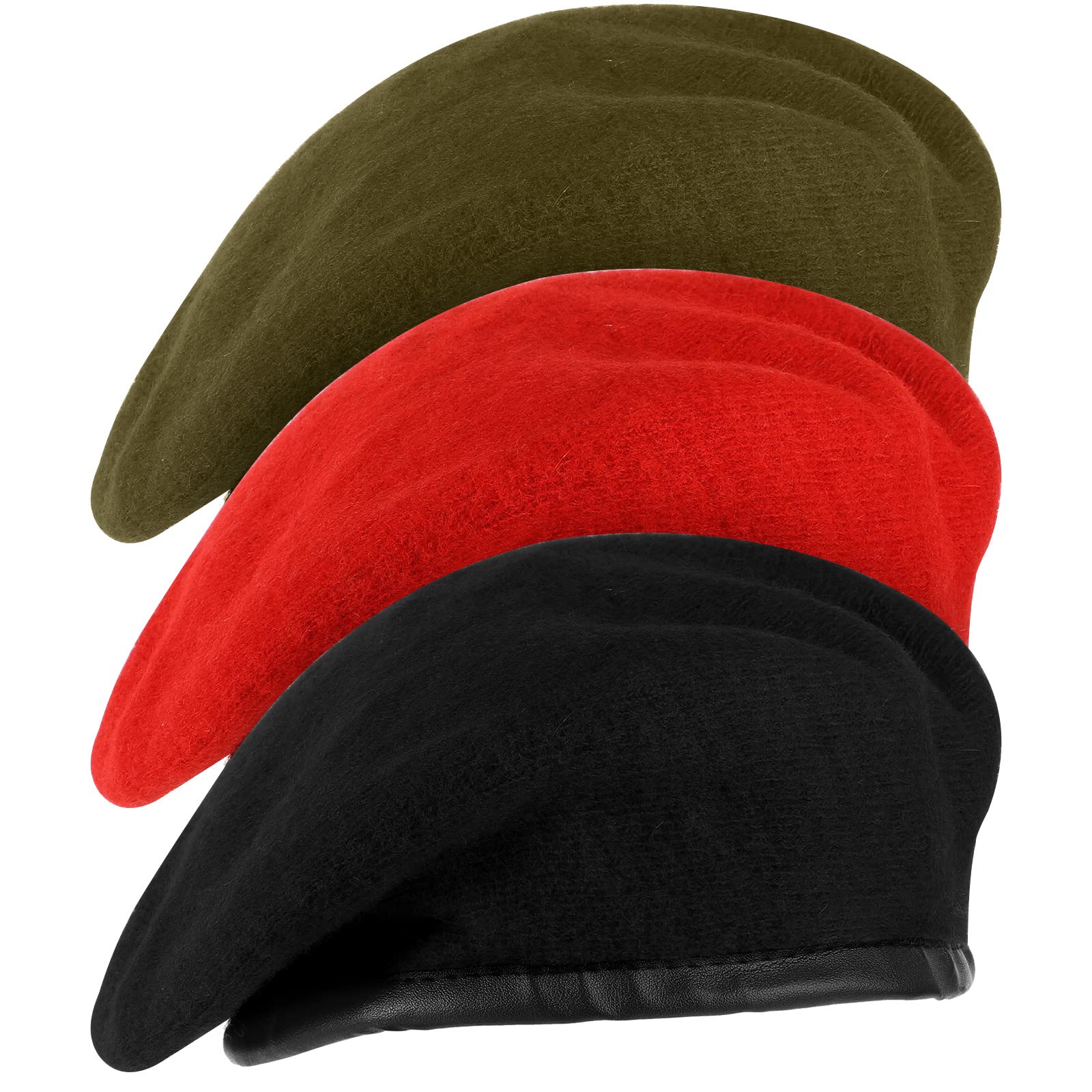 Zhehao Adjustable Wool Berets Solid Color Military Army Style Berets Beret Hats for Men and Women with Faux Leather Trim (Green, Black, Red, 3 Pcs)