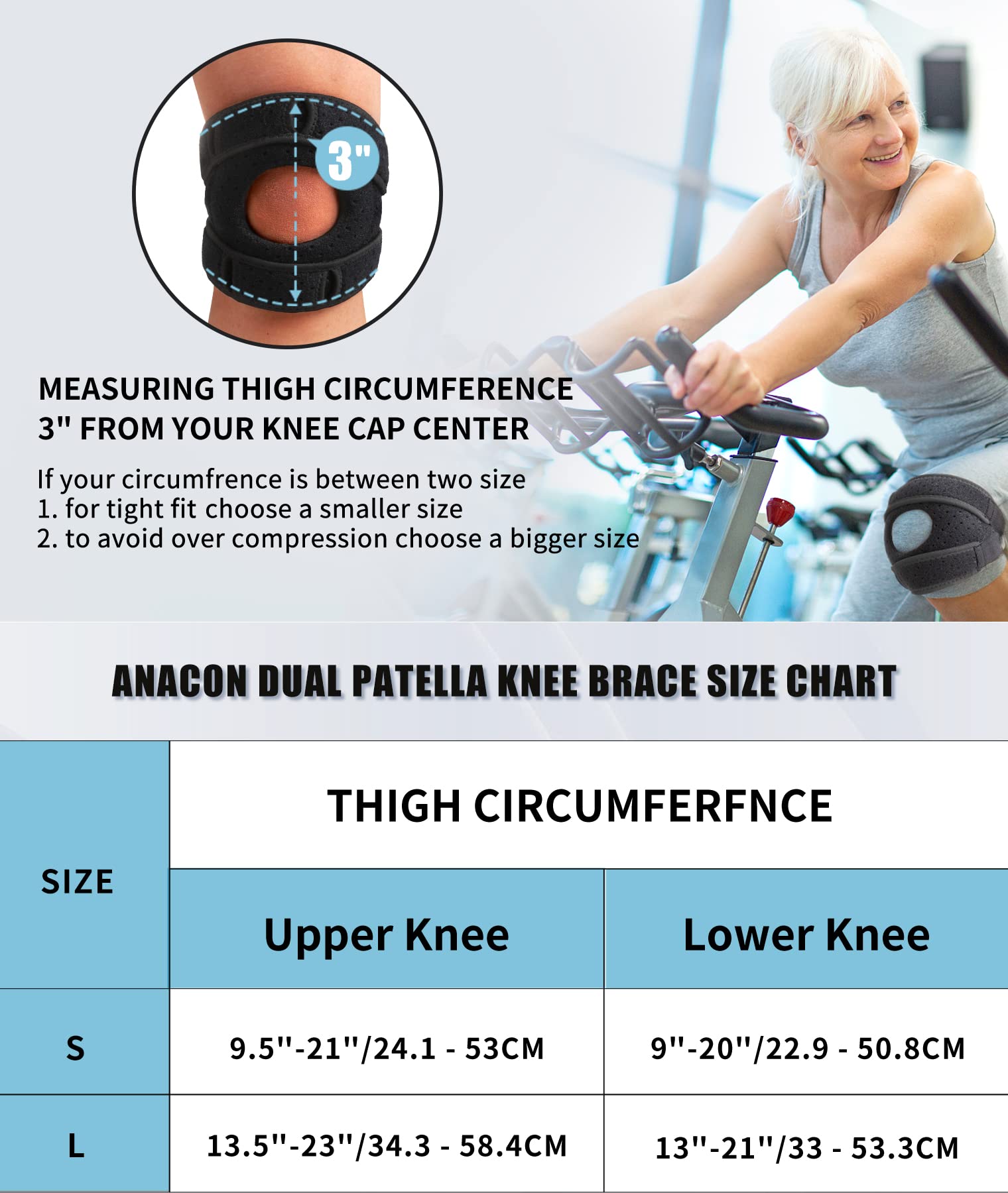 ANACON Dual Patella Knee Straps, Knee Brace Patella Stabilizer for Knee Pain Relief, Running, Tennis, Jumping, Arthritis, Tendonitis, Injury Recovery, Joint and Muscles Protection, Adjustable (Black)