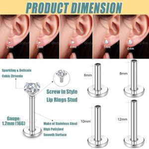 BodyAce 16G 18G Lip Studs Labret Ring, Nostril Stud Nose Rings for Women, Stainless Steel Medusa Helix Tragus Piercing Jewelry with Piercing Taper & Discs [1.0mm=18G,4/5/6mm CZ;L:10mm]