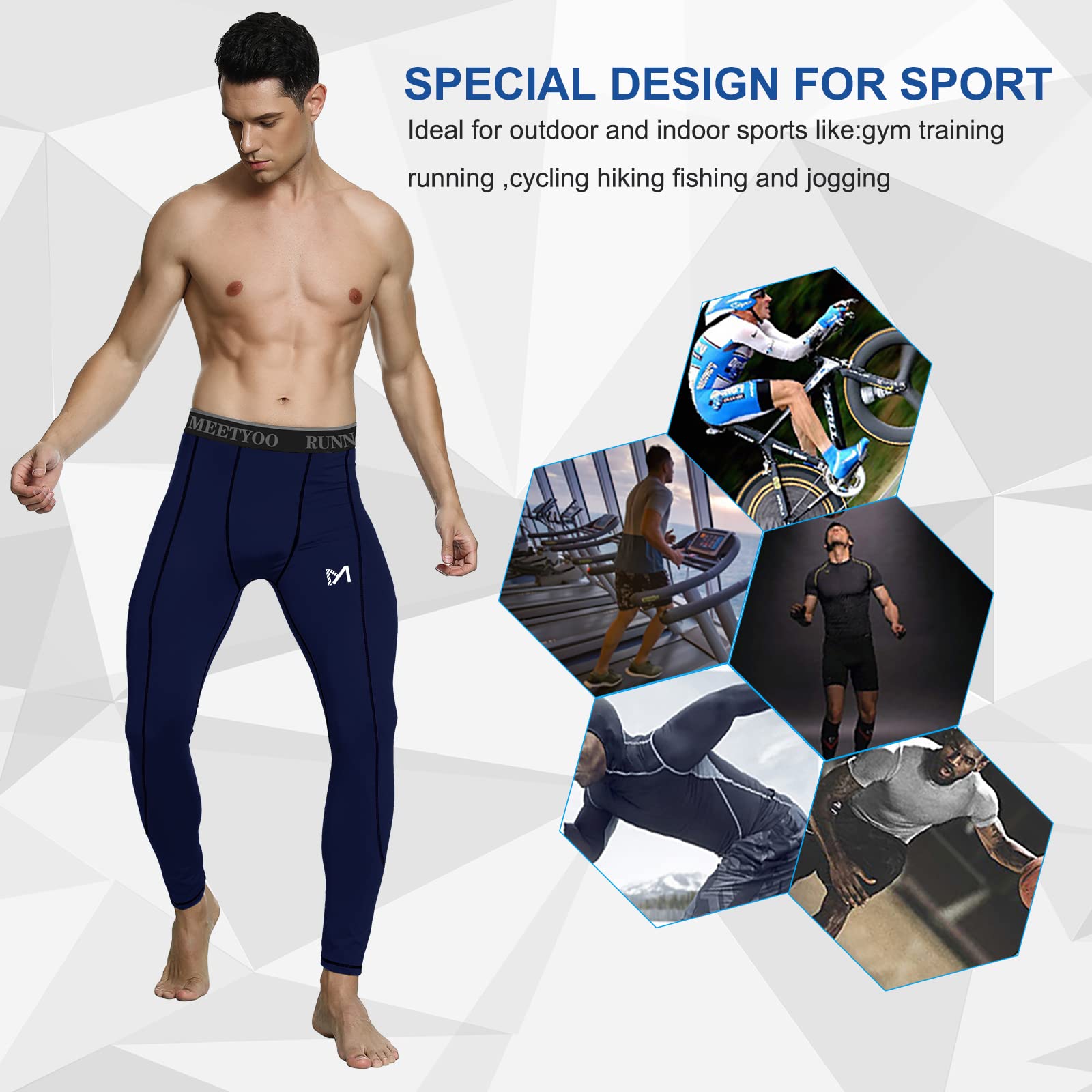 MEETYOO Men's Standard Compression Pants, Cool Dry Sports Workout Running Tights Leggings, Navy Blue, Large