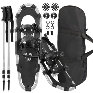 goplus snow shoes for men women youth kids, light weight aluminum terrain snowshoes with anti-shock trekking poles and carrying tote bag, snow mud baskets included, 21/25/ 30 inches (silver, 21")