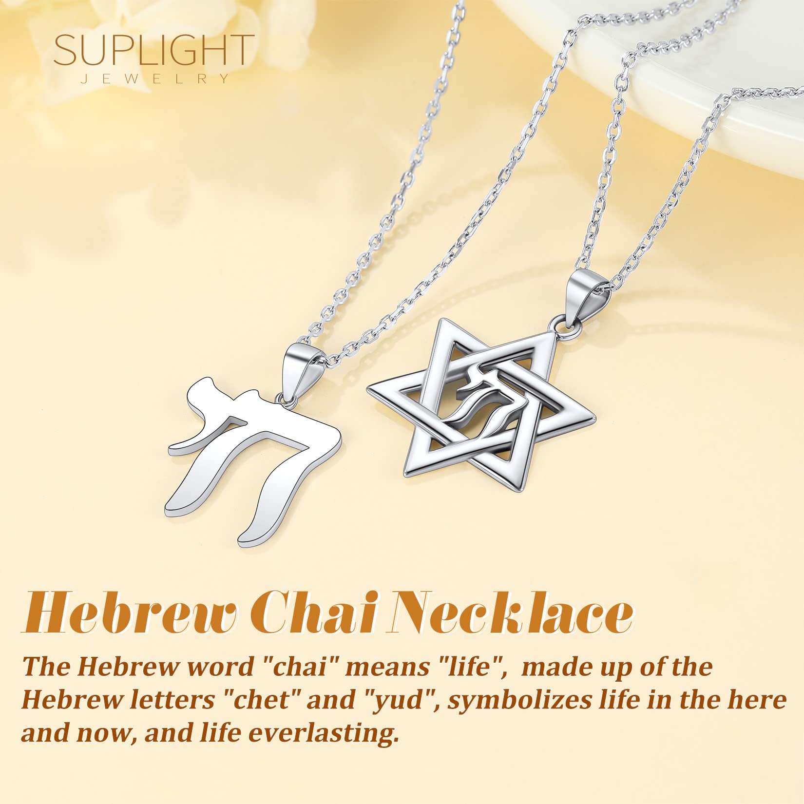 Supilght 925 Sterling Silver Hebrew Chai Necklace Jewish Life Chai Necklace Pendant for Women Men