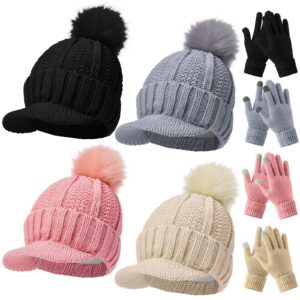 4 Sets Winter Hats and Gloves Set for Women Warm Knitted Beanie Hats with Brim Touchscreen Gloves Snow Ski Cap with Visor