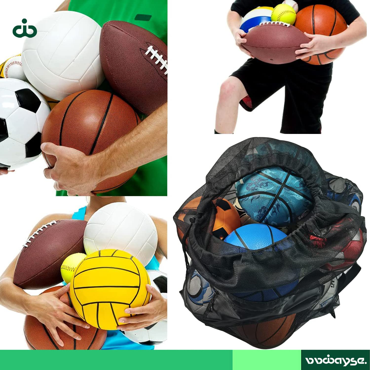 VVWAYSE Ball Storage Mesh Soccer Ball Bag Holder Heavy Duty Drawstring Bags Team Work for Basketball, Volleyball, Baseball, Swimming Gear With Shoulder Strap, Large Mesh Bags With Zipper