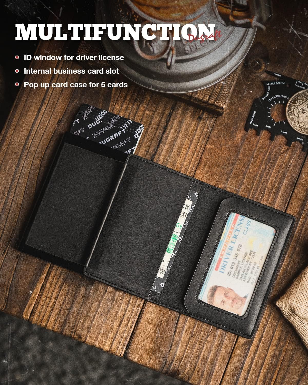 DUGRAFT Pop Up Wallet with ID Window, Minimalist Front Pocket Credit Card Holder for Men, Slim RFID Blocking Bifold Metal Card Case for 10 Cards, Cash