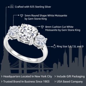 Gem Stone King 925 Sterling Silver White Moissanite 3 Stone Engagement Ring For Women (3.40 Cttw, Gemstone, Cushion 8MM, Size 9)