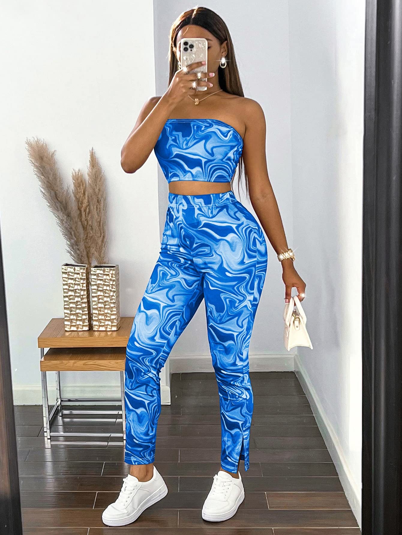 OYOANGLE Women's 2 Pieces Outfit Marble Print Crop Tube Top and High waist Legging Workout Yoga Set Royal Blue XS