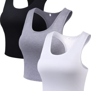 3-Piece Women's Crop Top Set, Workout Sleeveless Racerback Tanks - Black, White, Grey (X-Large)