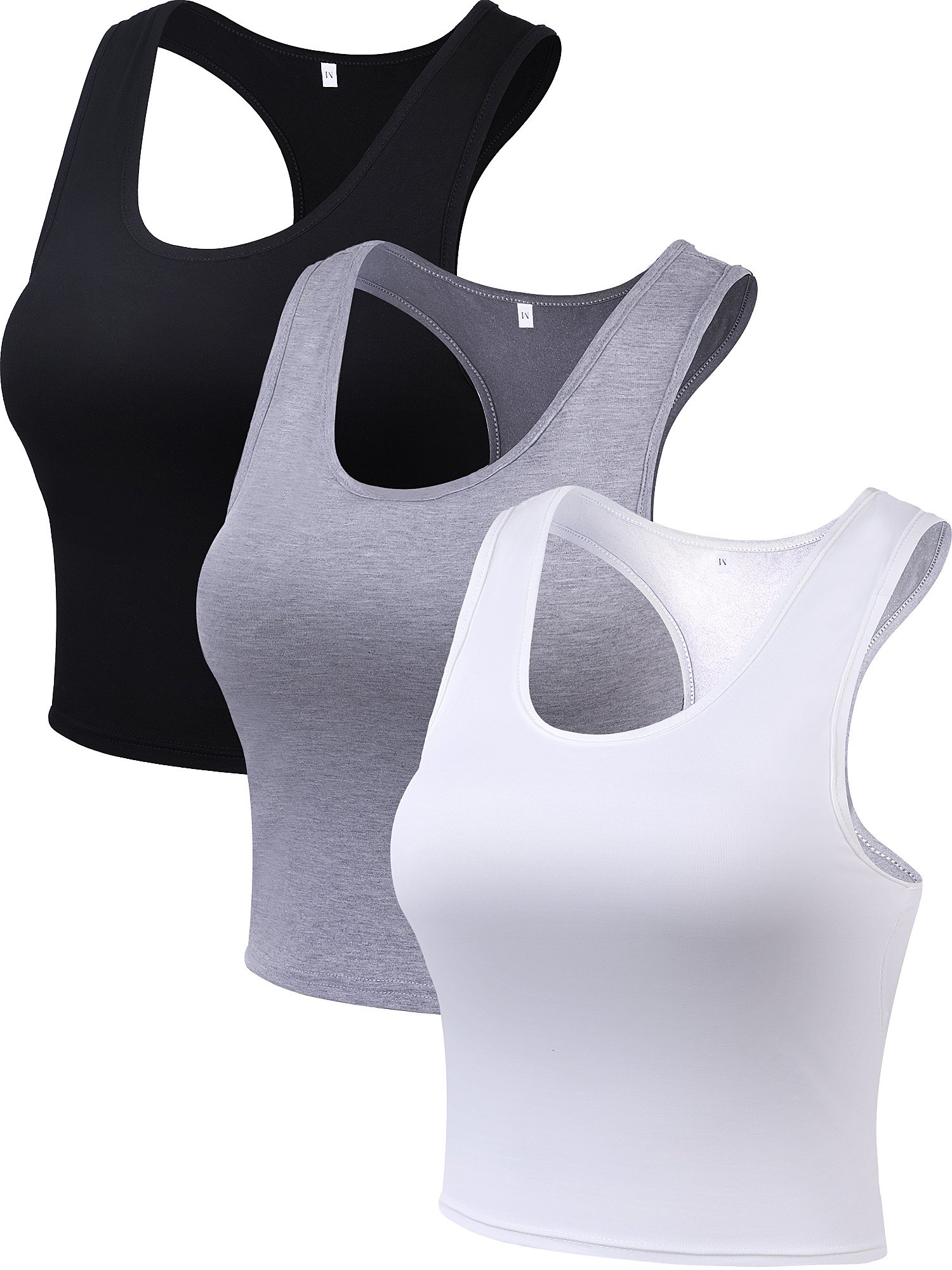 3-Piece Women's Crop Top Set, Workout Sleeveless Racerback Tanks - Black, White, Grey (X-Large)