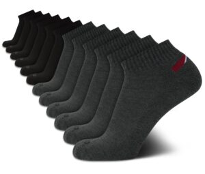 izod men's athletic socks - performance cushion quarter socks (10 or 12 pack), size 6-12.5, black/grey (12pk)