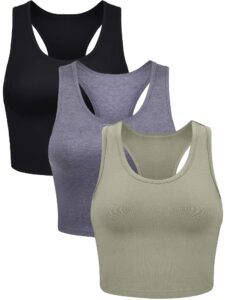 3 pieces crop tops for women, workout tops basic cropped tank tops sleeveless racerback sports gym crop tank for teen girls (black, dark grey, olive, xx-large)