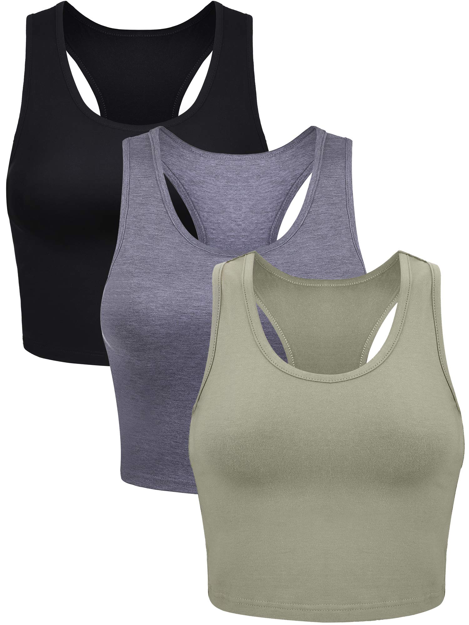 3 Pieces Crop Tops for Women, Workout Tops Basic Cropped Tank Tops Sleeveless Racerback Sports Gym Crop Tank for Teen Girls (Black, Dark Grey, Olive, XX-Large)