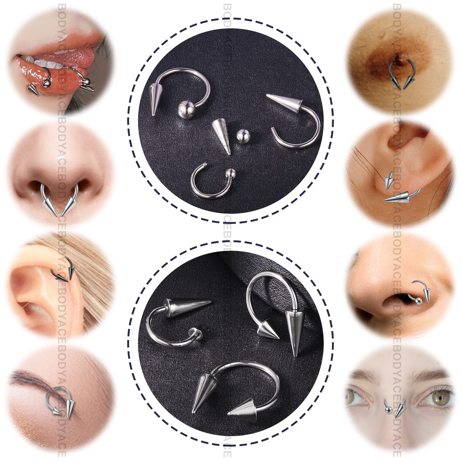 BodyAce 16G Spike Septum Rings Horseshoe Nose Rings, Stainless Steel Daith Helix Tragus Cartilage Earrings Hoop, Rook Lobe Lip Piercing for Women Men (Hoops:10mm)