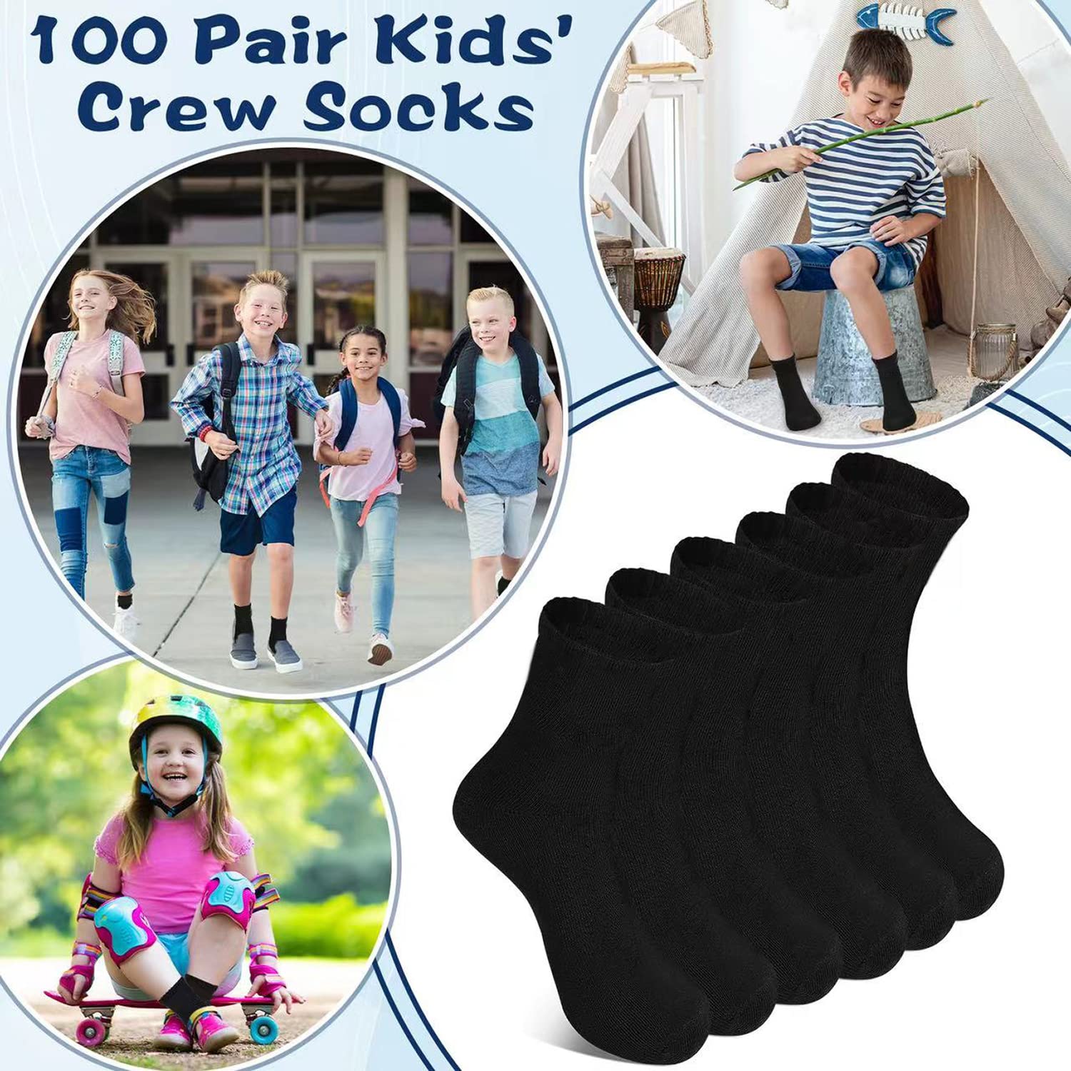 Hanaive Bulk 100 Pair Kids Black Crew Socks Unisex Stretch Cotton Socks Soft Comfortable Kids Dress Socks Basketball Soccer Training Socks for Toddlers Kids Youth Age 5-10