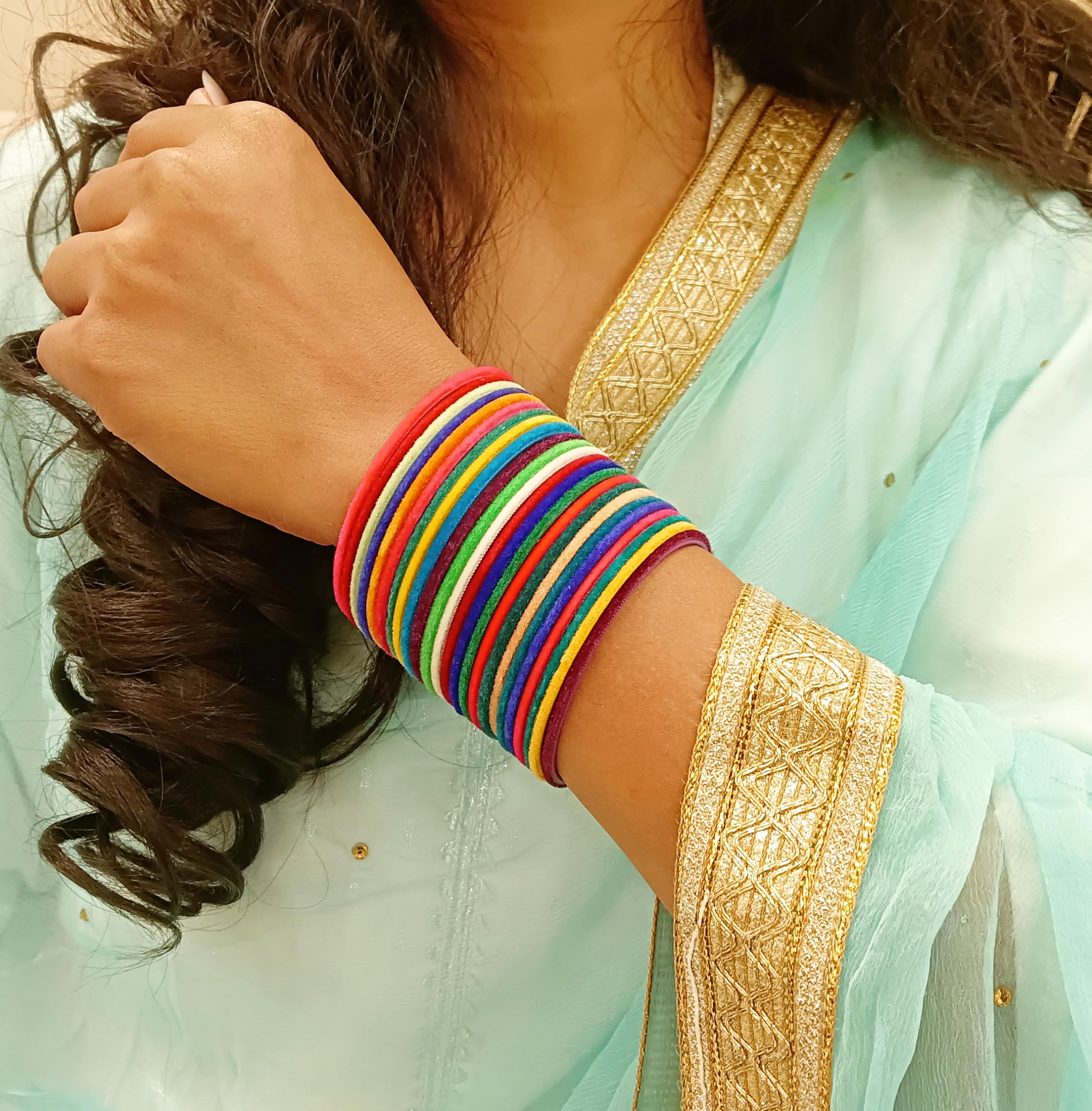 Efulgenz Multicolor Velvet Bangles Indian Bangle Set Plain Velvet Bangles for Women Two Dozen Bangles Set Bollywood Bracelet Bangle Set Jewelry for Women