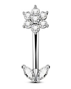 cocharm flower 14g belly button ring silver small belly rings for women short bar curved barbell hypoallergenic clear cz belly navel piercing jewelry