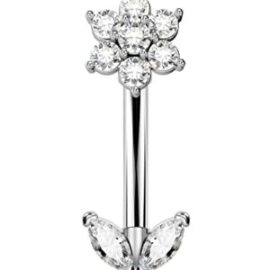 COCHARM Flower 14G Belly Button Ring Silver Small Belly Rings for Women Short Bar Curved Barbell Hypoallergenic Clear CZ Belly Navel Piercing Jewelry